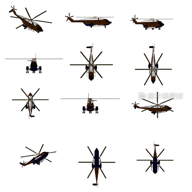 大型集与多边形直升机在不同的位置。战斗军用直升机。3 d。矢量插图。